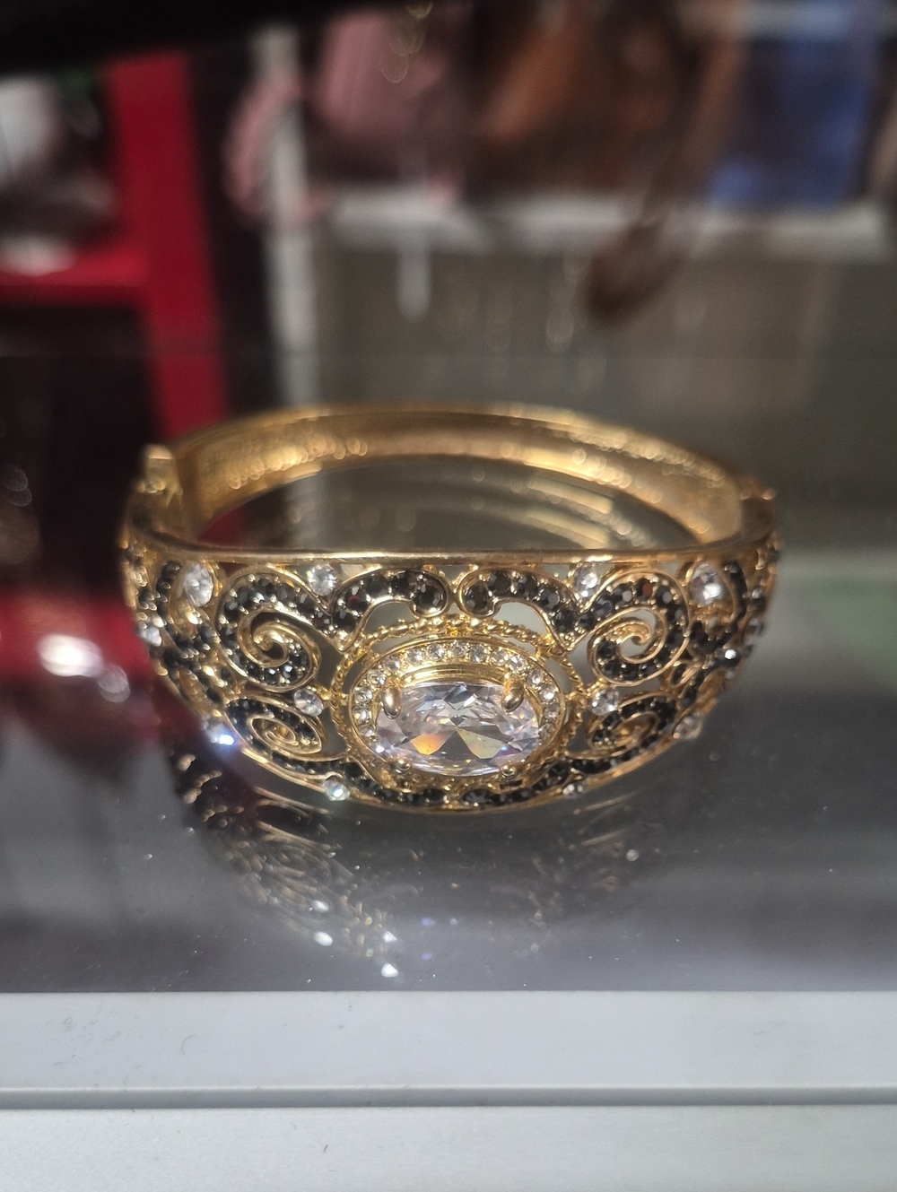 Gold Crystal Filigree Statement Bangle - Women Jewelry
